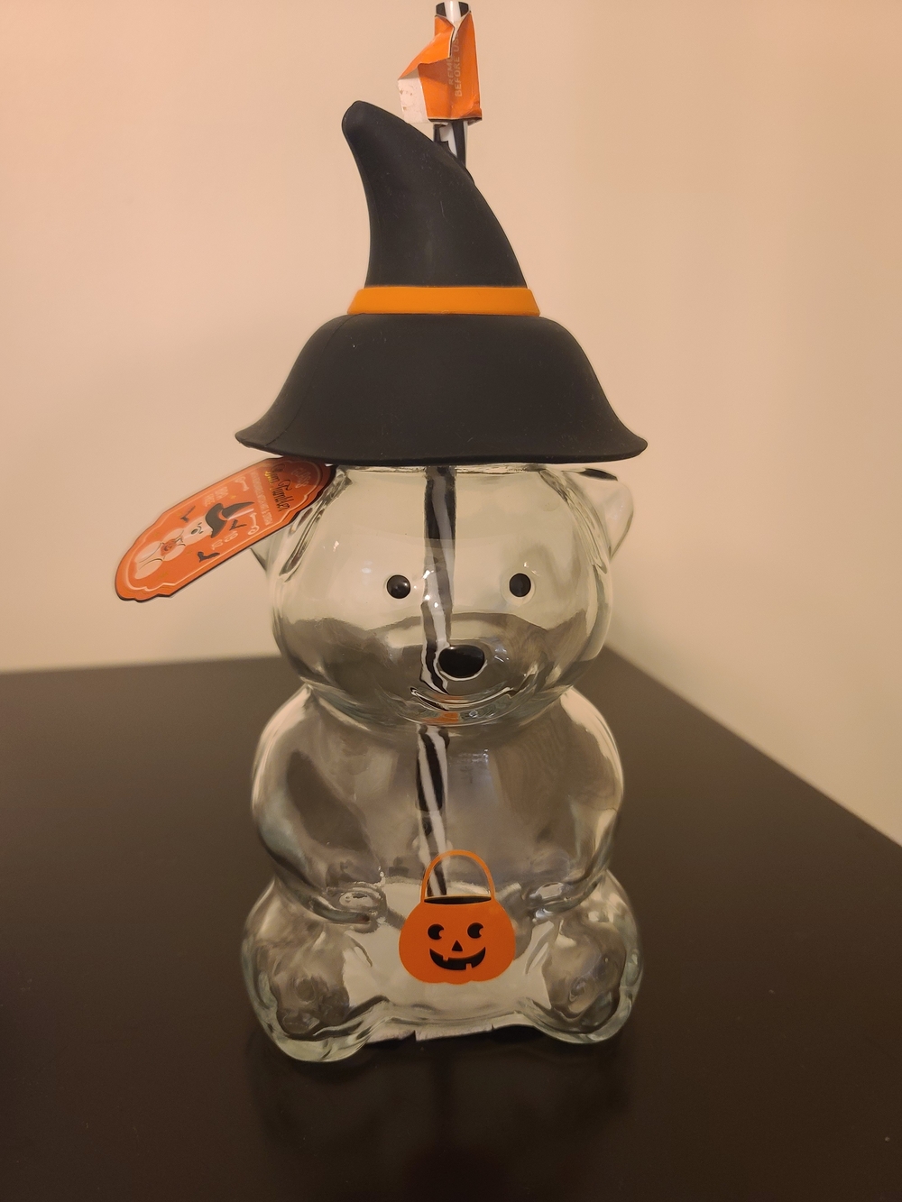 Glass Bear Halloween Candy Jar with Black Witch Hat